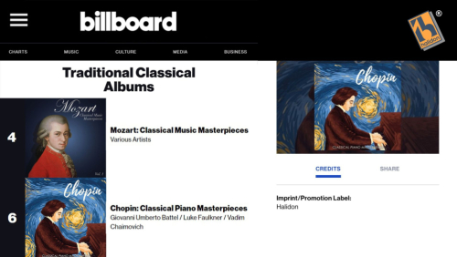 Two Halidon releases on the Billboard Traditional Classical Albums Chart 